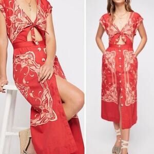 Free People Linvilla Red Bandana Button Knot Tie Front Midi Cap Sleeve Dress